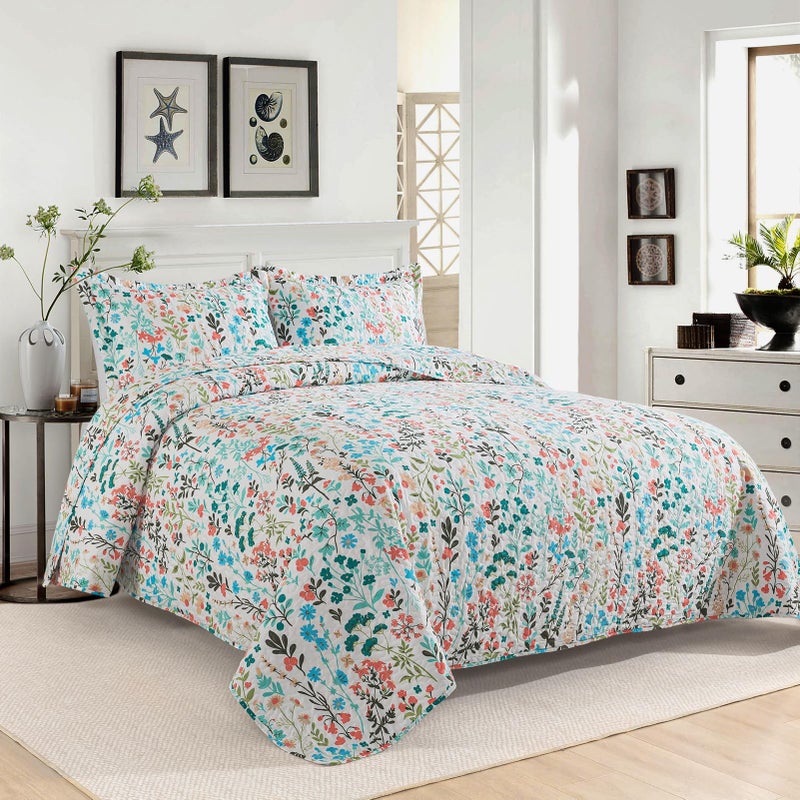 VAPUTAR Queen Quilt Bedding Set-3 Pieces Botanical Quilt Queen Size (90 x 98 inch)  Reversible Queen Coverlet with Garden Style Floral Pattern  Bedspread Queen Size Suitalble for All Season. - Image 2